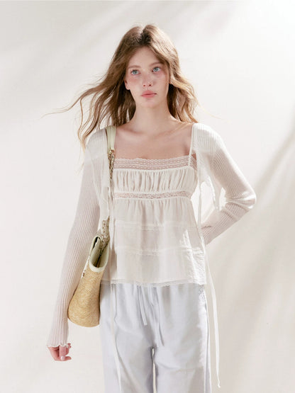 White &amp; Blue Tie Knit Cardigan