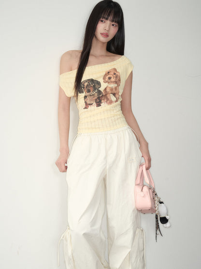 Puppy Print Off-Shoulder Tee