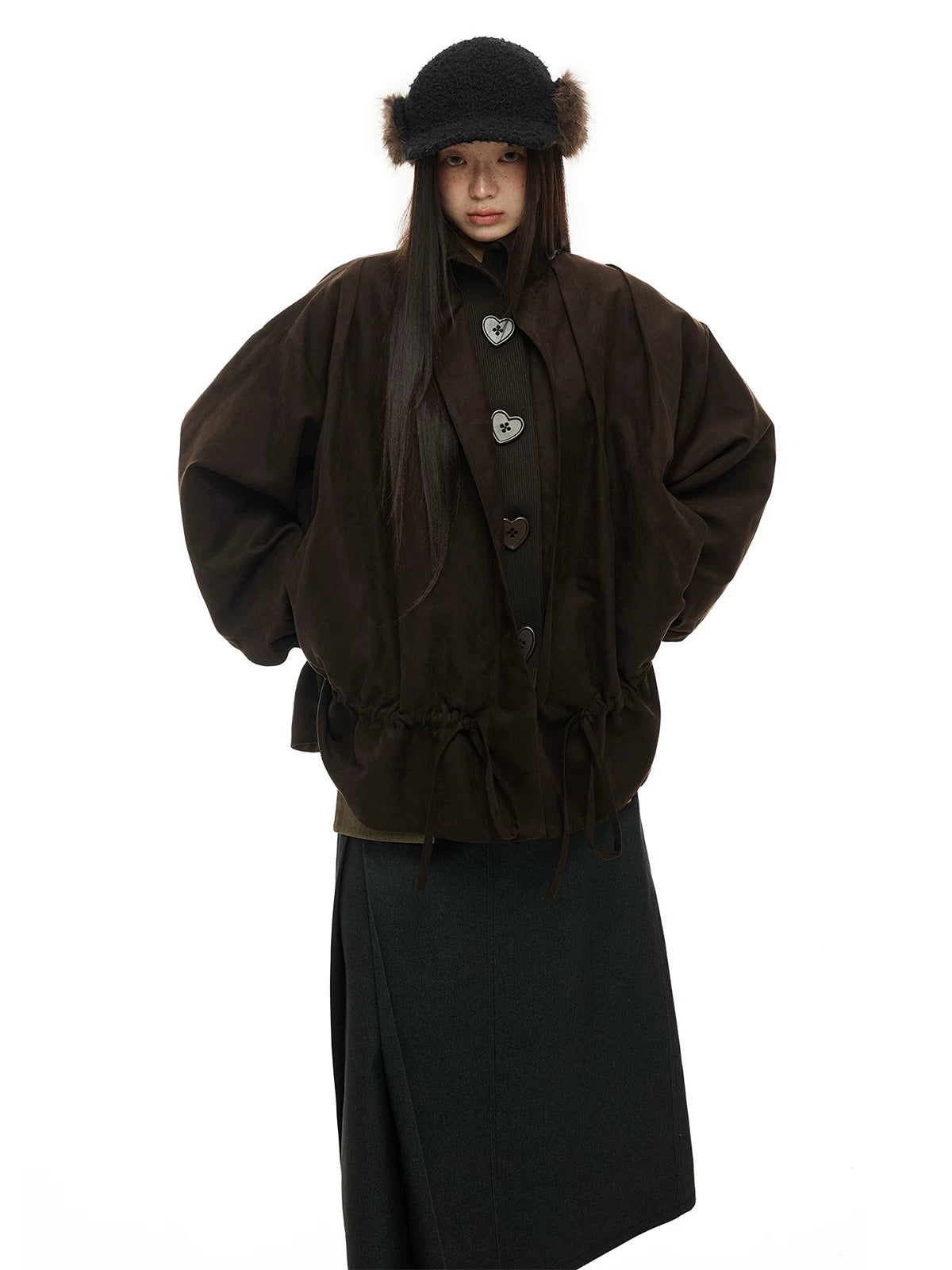 Suede Drawstring Trim Coat