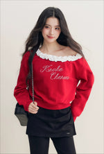 Red Pearl Ruffle Off-Shoulder Sweatshirt