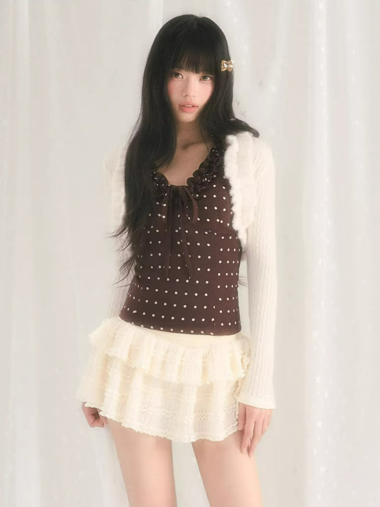 Ruffle Trim Knit Cardigan &amp; Camisole Set