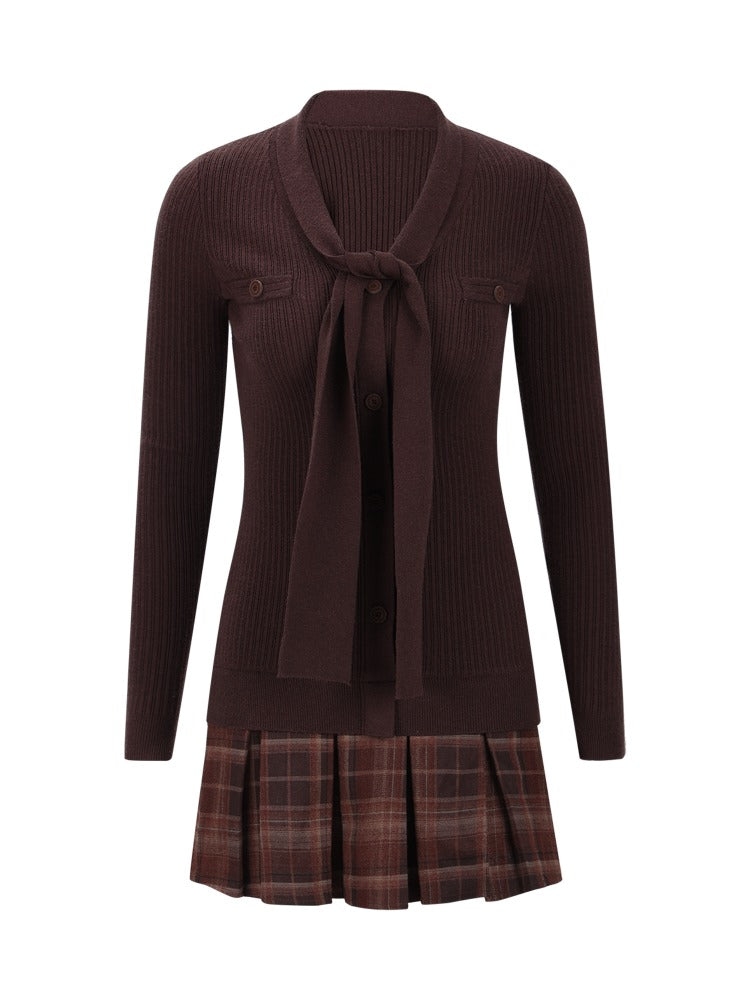 Dark Coffee Plaid Pleated Knit Dress
