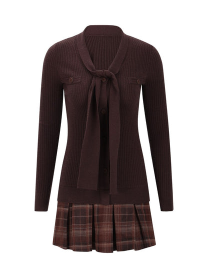 Dark Coffee Plaid Pleated Knit Dress