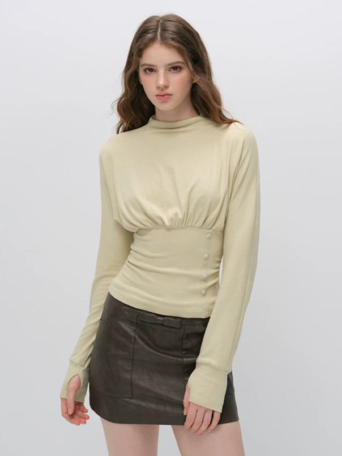 Ruched Waist Mock Neck Top