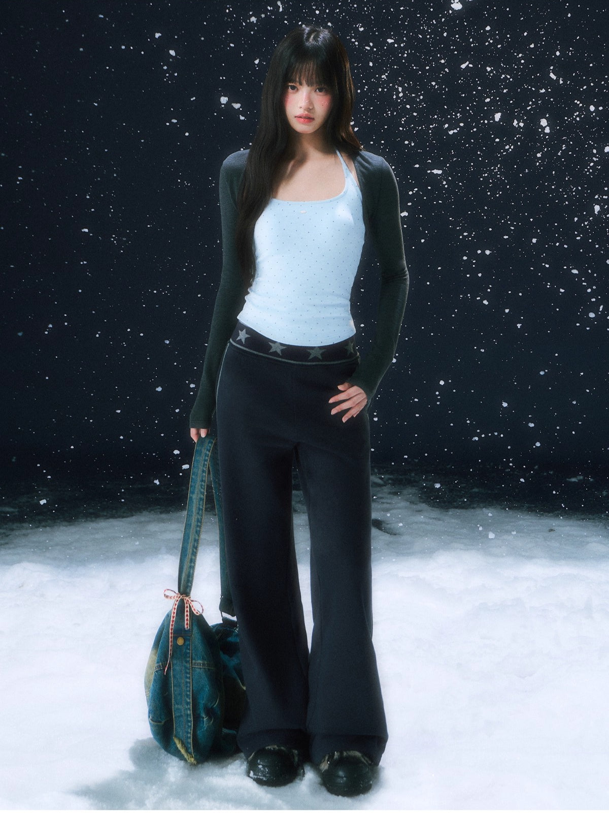 Navy Blue Star Waist Print Straight Sweatpants