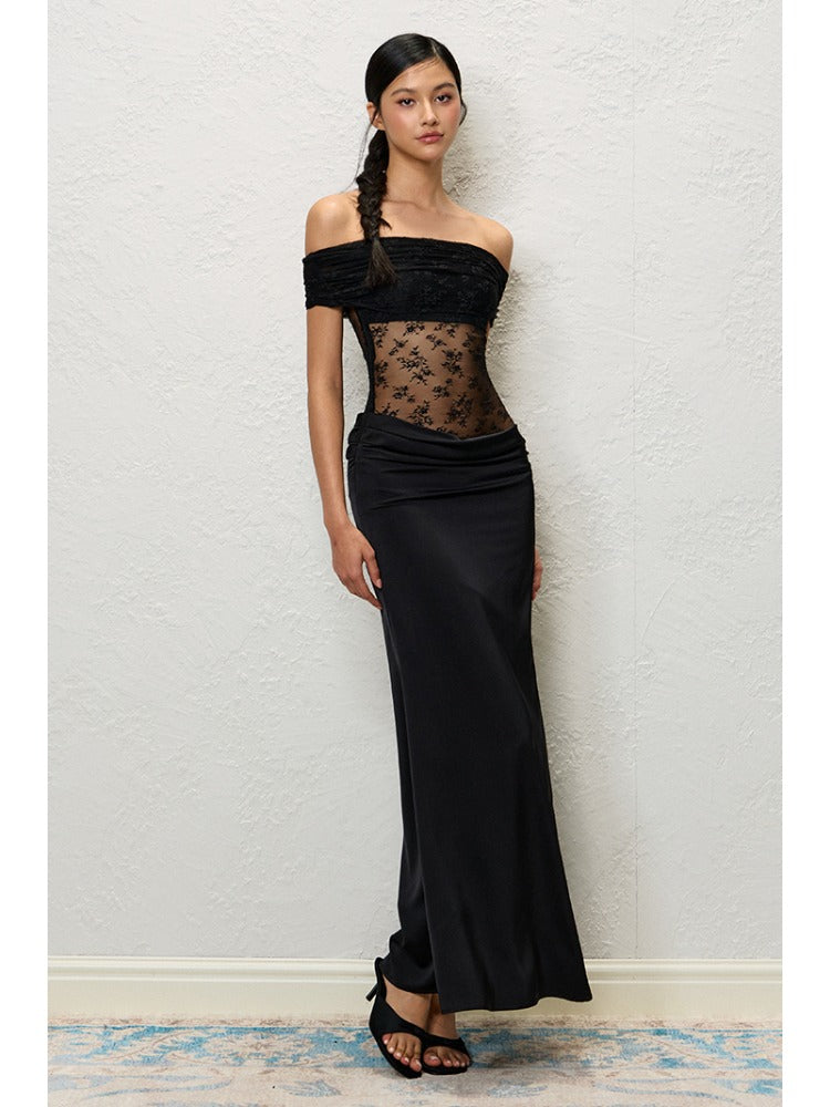 Green &amp; Black Lace Off-Shoulder Slip Dress