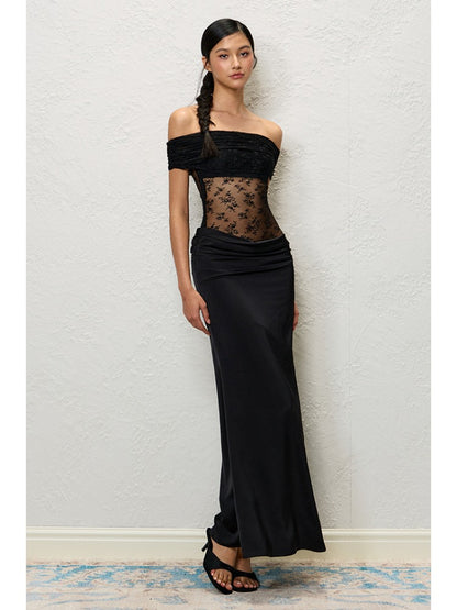 Green &amp; Black Lace Off-Shoulder Slip Dress