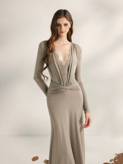 Grey Lace-Paneled Knit Pleated Dress