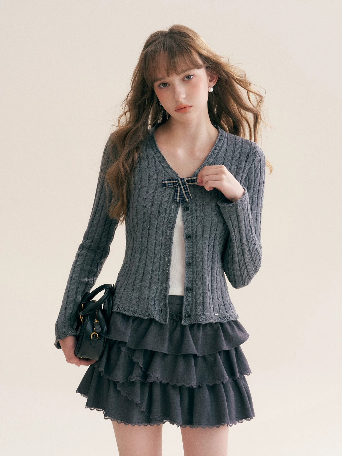 Plaid Bow Knit Cardigan