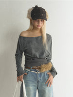 Striped Asymmetric Neck Layered T-Shirt