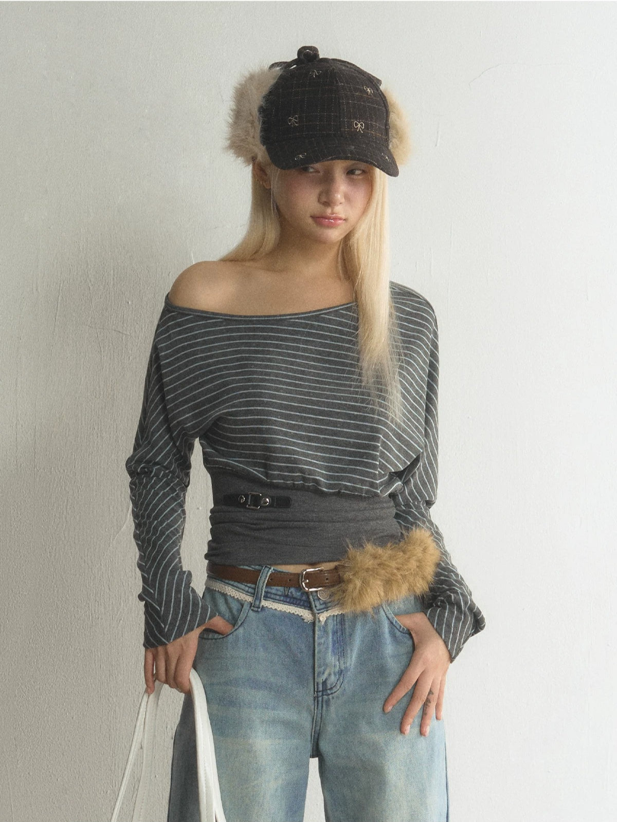 Striped Asymmetric Neck Layered T-Shirt