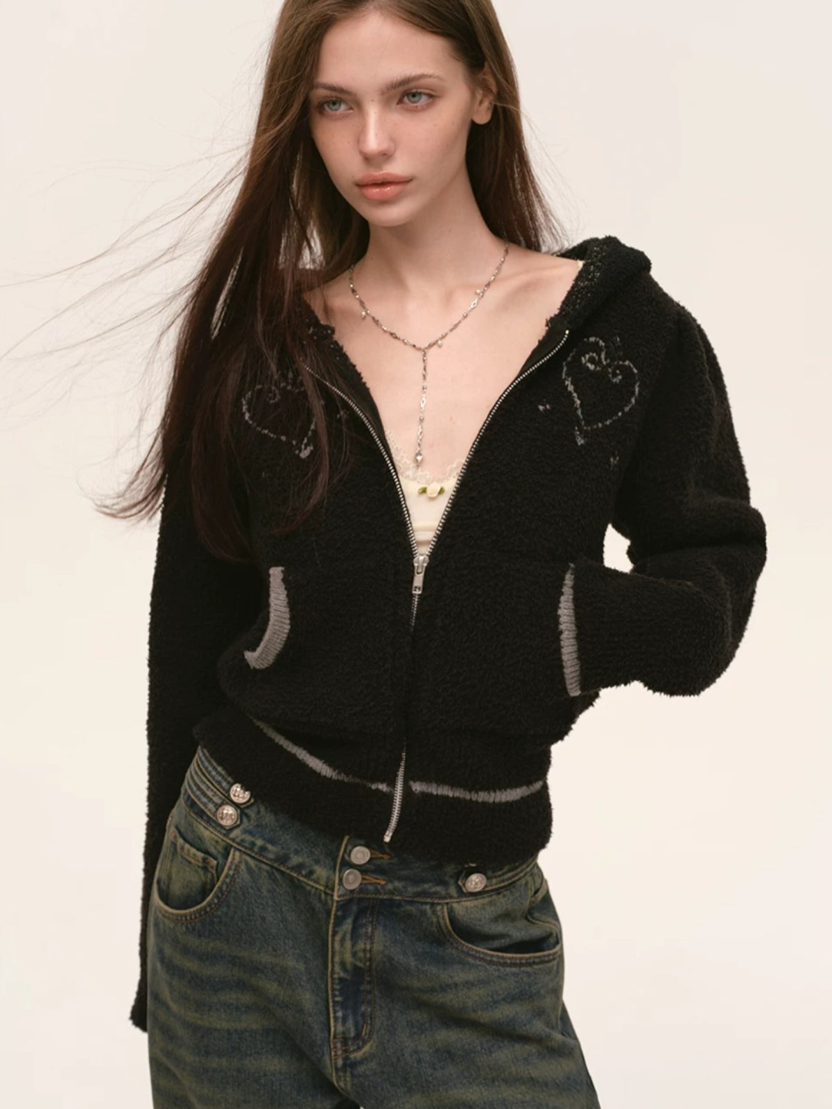 Heart Totem Knit Hooded Cropped Jacket