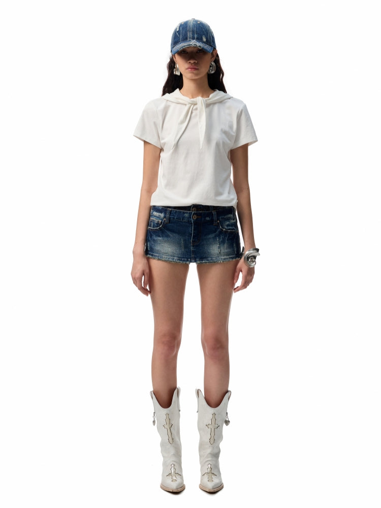 Hooded Bow Solid-Color T-shirt