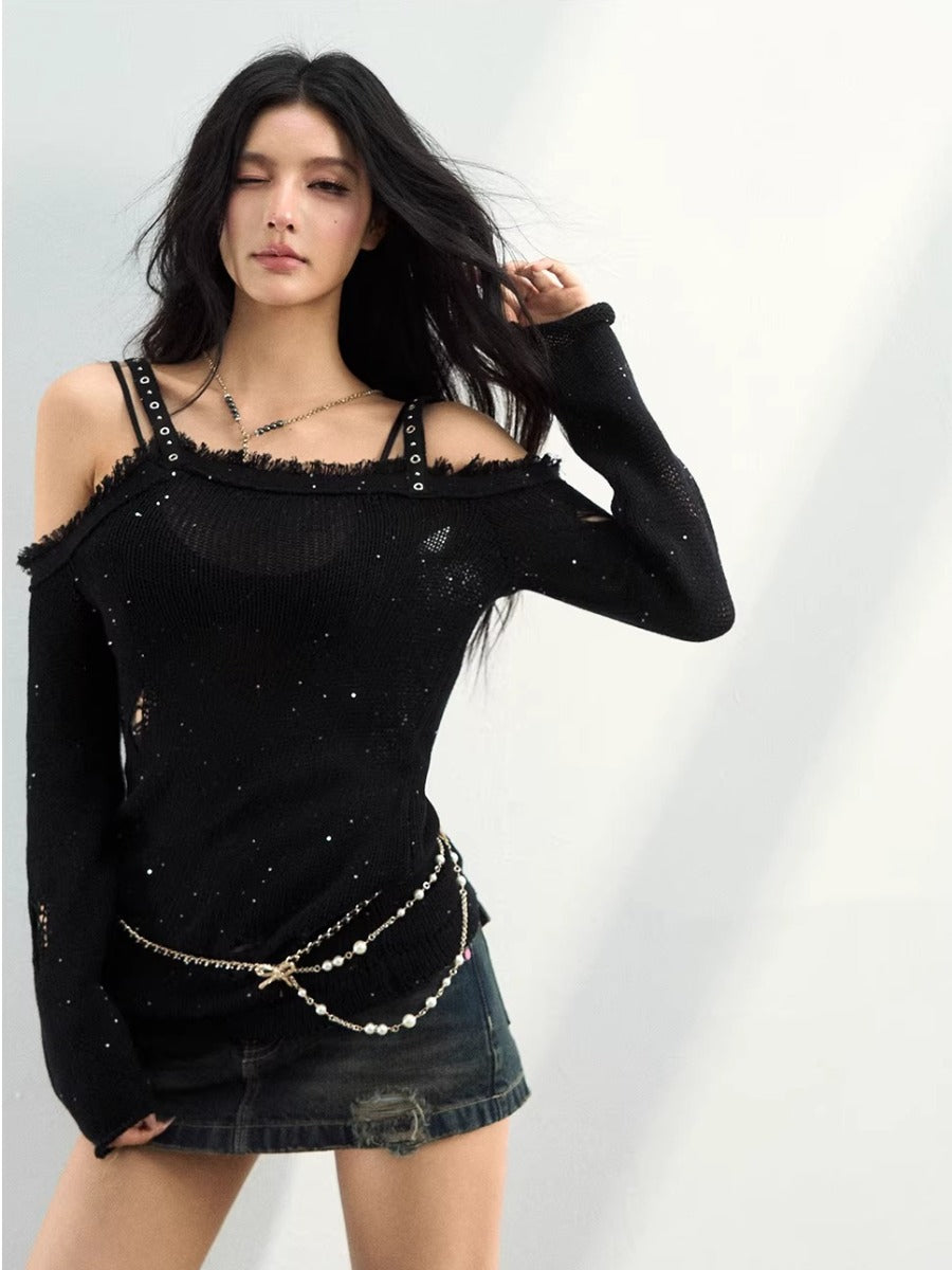 Distressed Off-Shoulder Knit Top