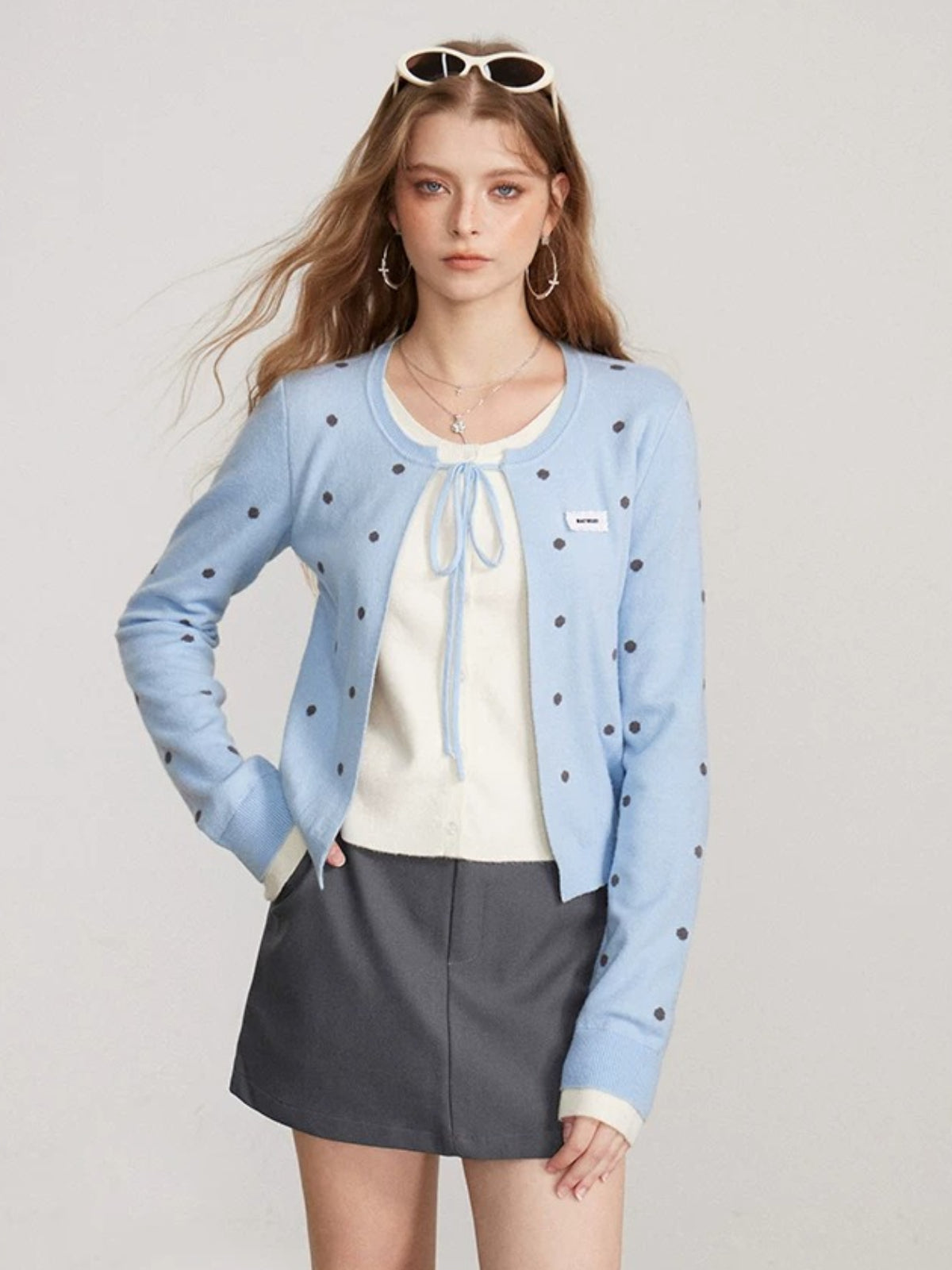 Polka Dot Layered Bow Knit Sweater