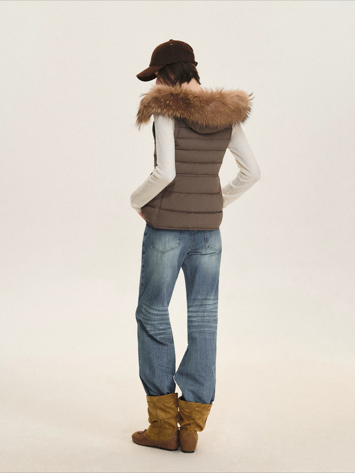 Detachable Fur Collar Waist-Fitted Down Vest