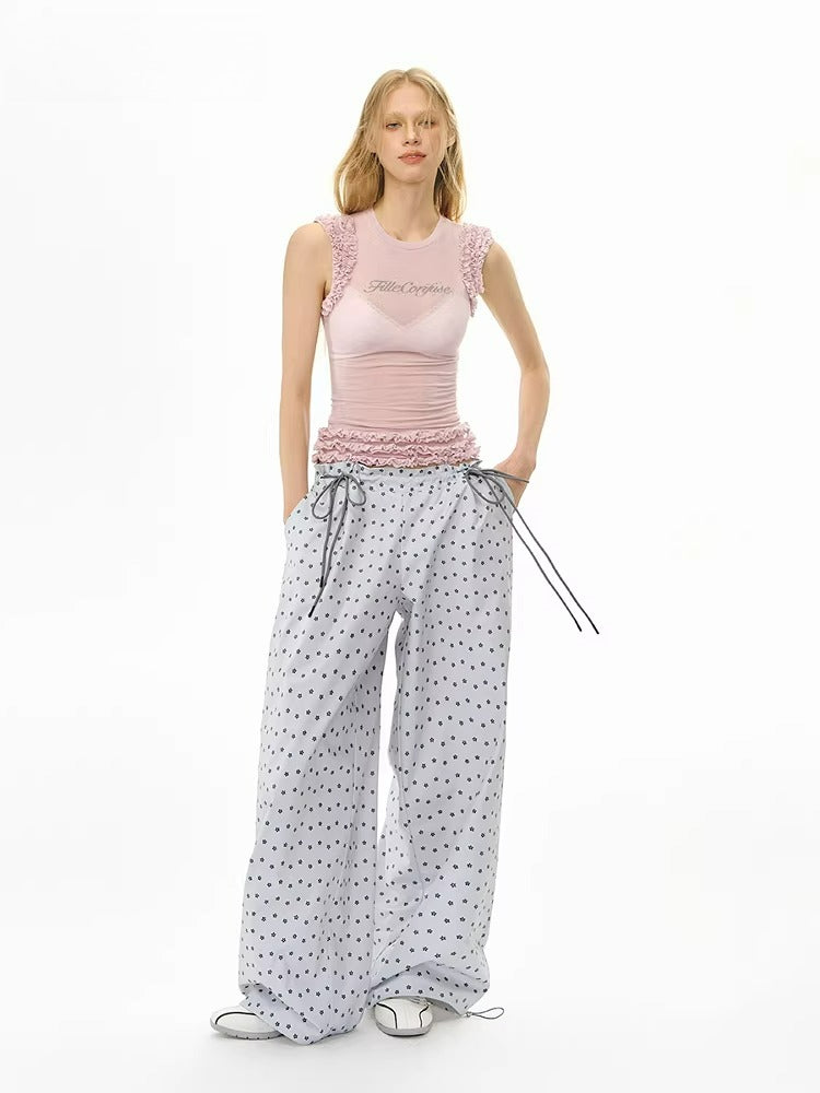 Grey Floral Wide-Leg Pants