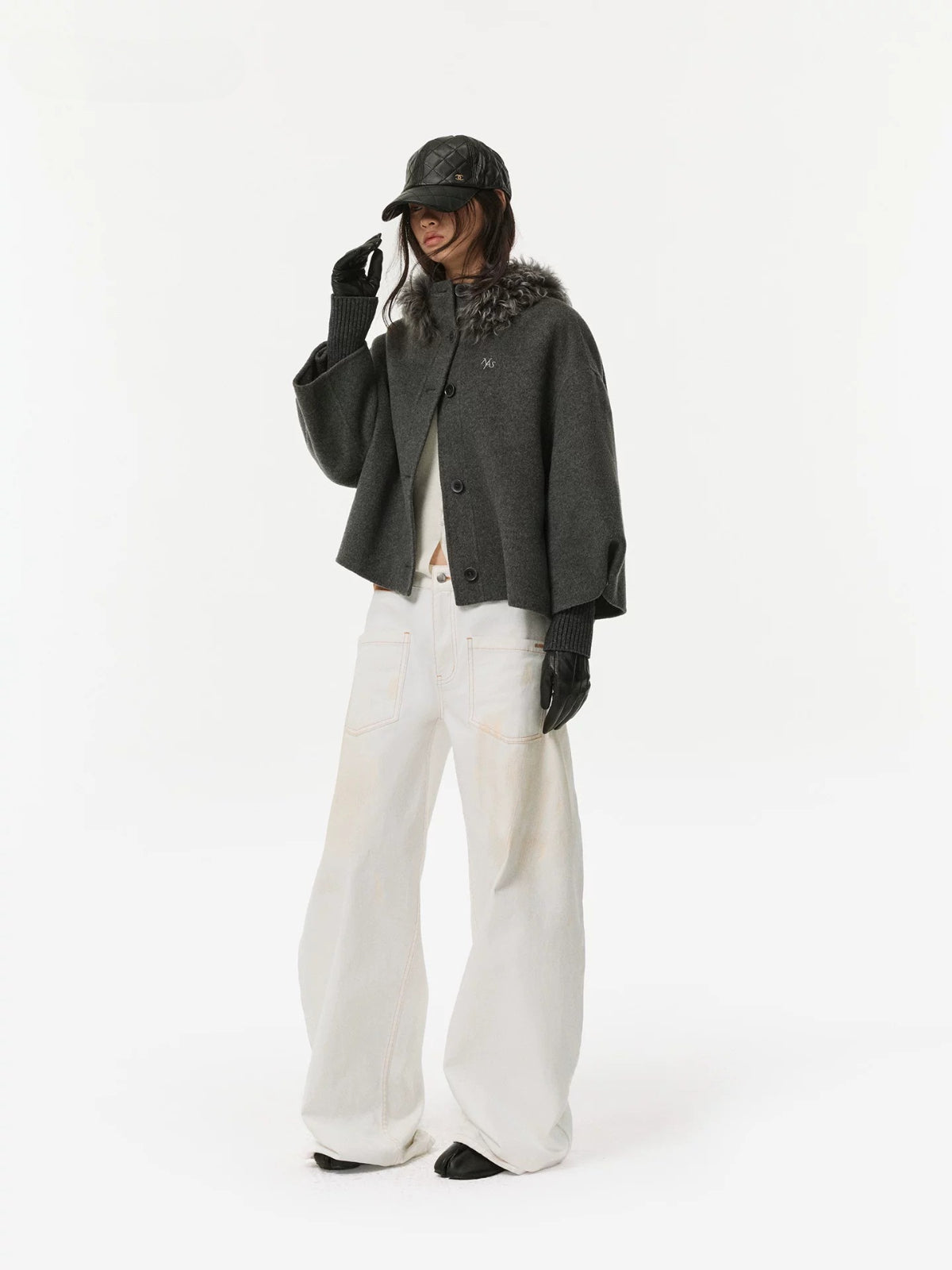 Shearling Collar Wool Cashmere Cape Coat