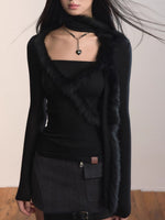 Patchwork Fox Fur Knit Top & Fur Scarf Set