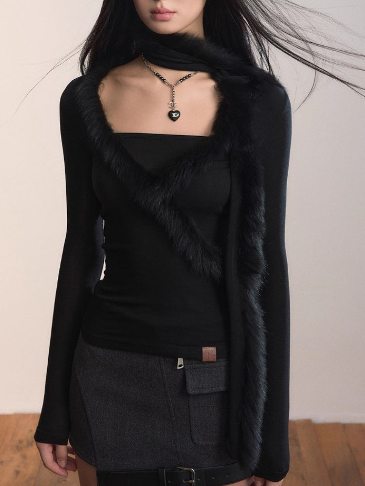 Patchwork Fox Fur Knit Top &amp; Fur Scarf Set