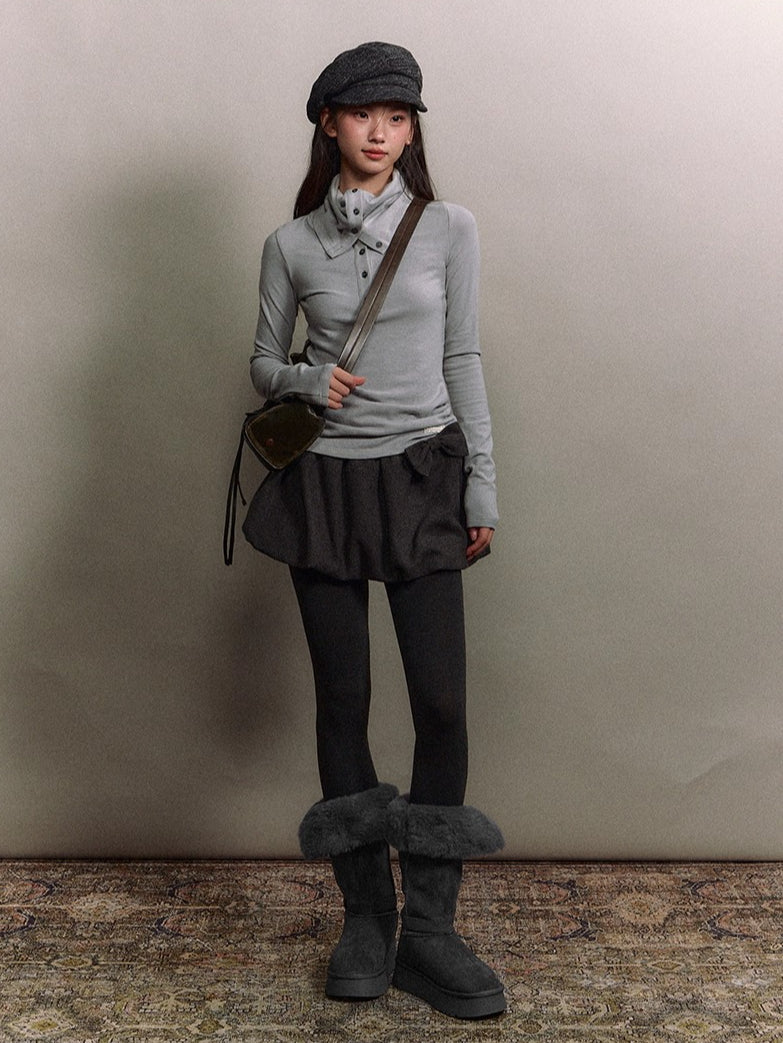 Drape-Neck Slim Knit Top
