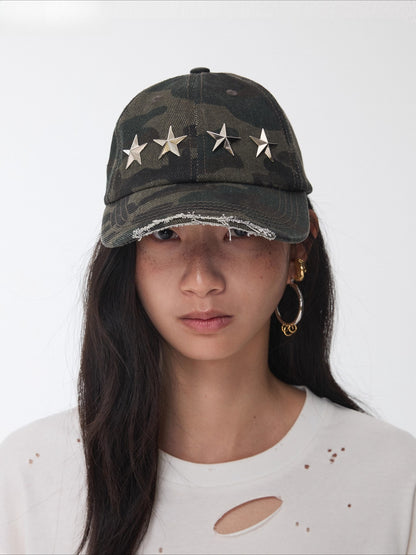 Distressed Star Studded Camouflage Baseball Cap