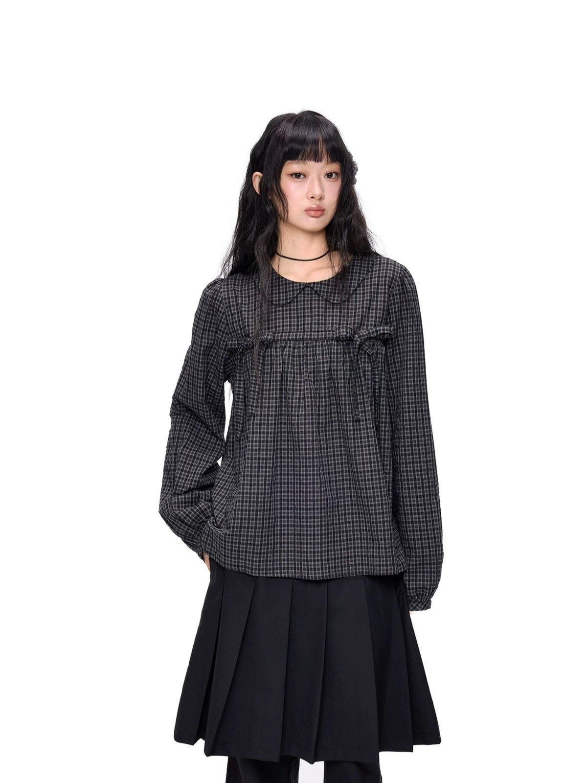 Plaid Collar Tie Blouse