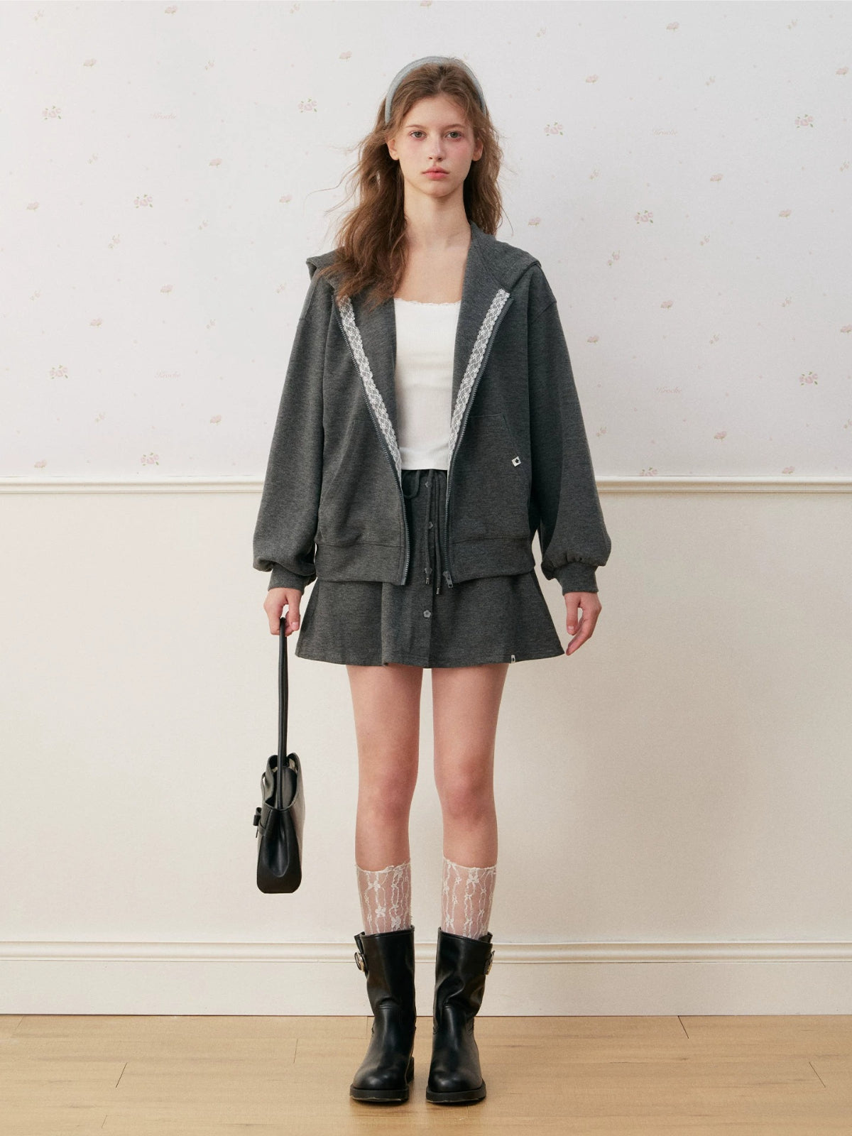 Lace Trim Hoodie &amp; Skirt Set