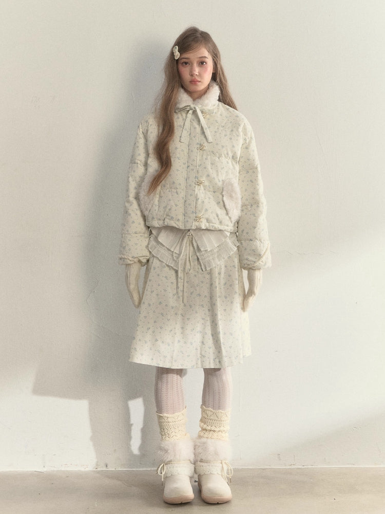 Floral Corduroy Down Jacket &amp; Pleated Skirt