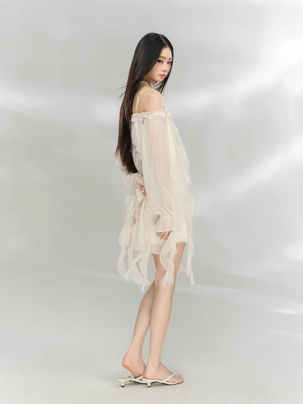 Beige Lace Off-Shoulder Dress