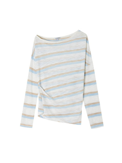 Sheer Off-Shoulder Striped Long Sleeve T-shirt