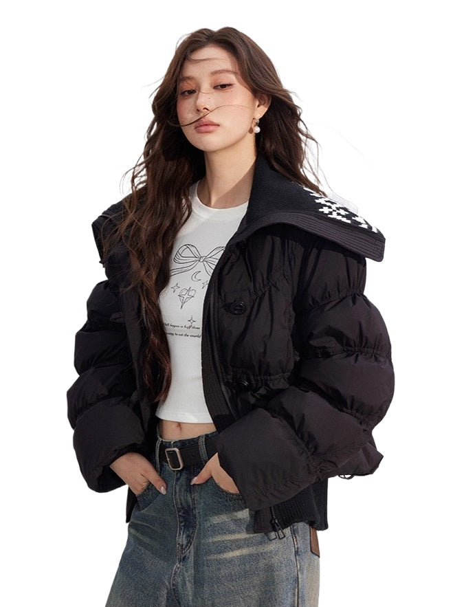 Black & Beige Navy Collar Patchwork Down Jacket