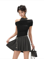 Black Halter Pleated Dress