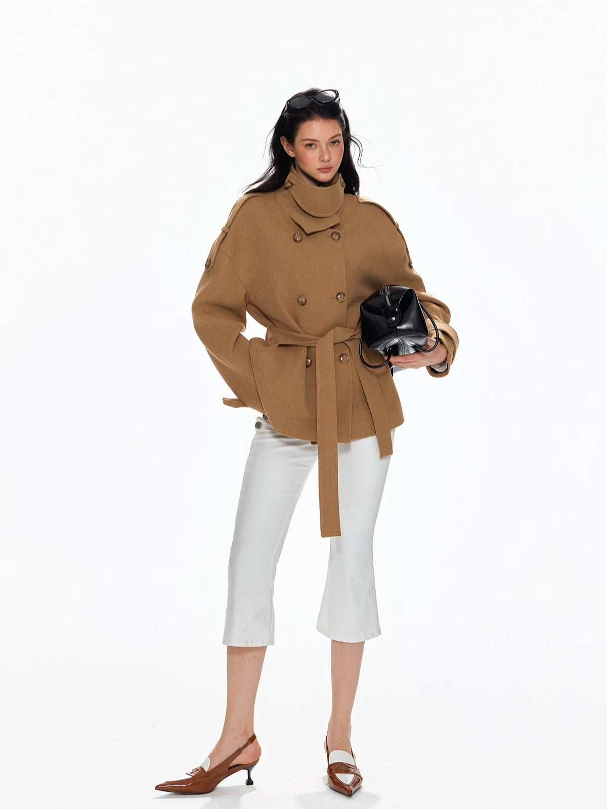 Wool Double Breasted Belted Short Coat