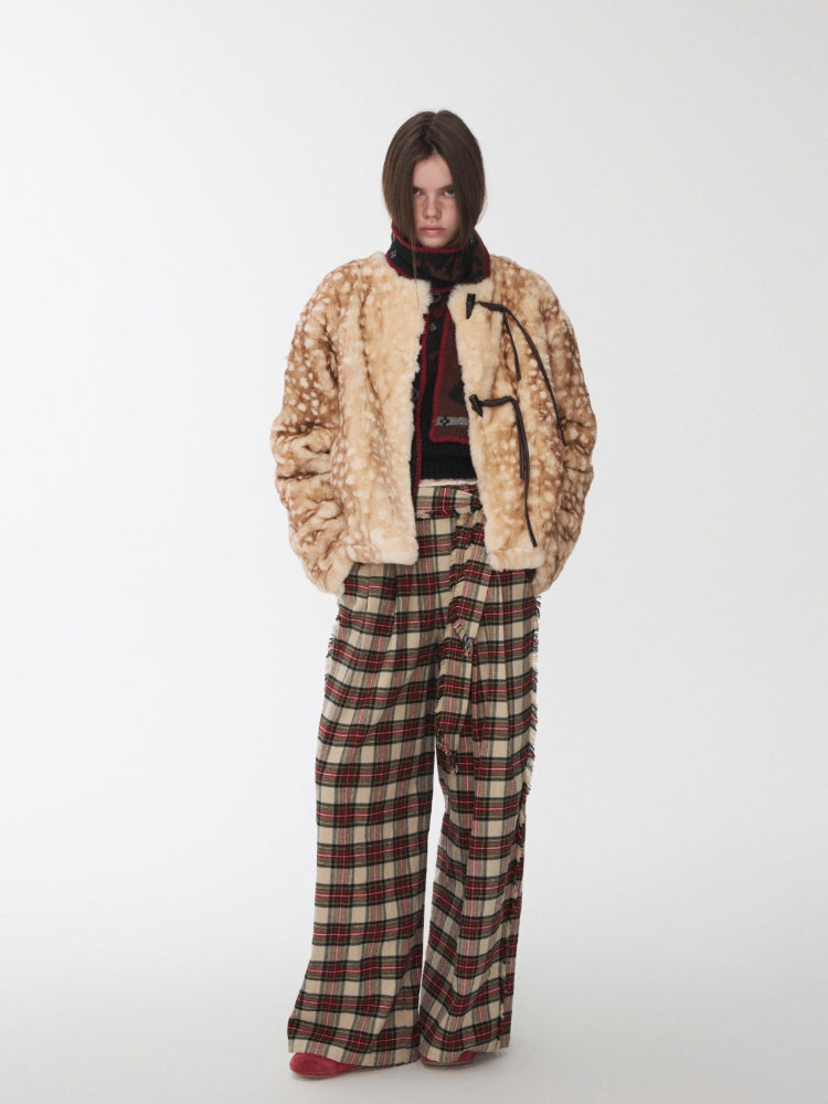 Vintage Red Plaid Brushed Cotton Wide-Leg Pants