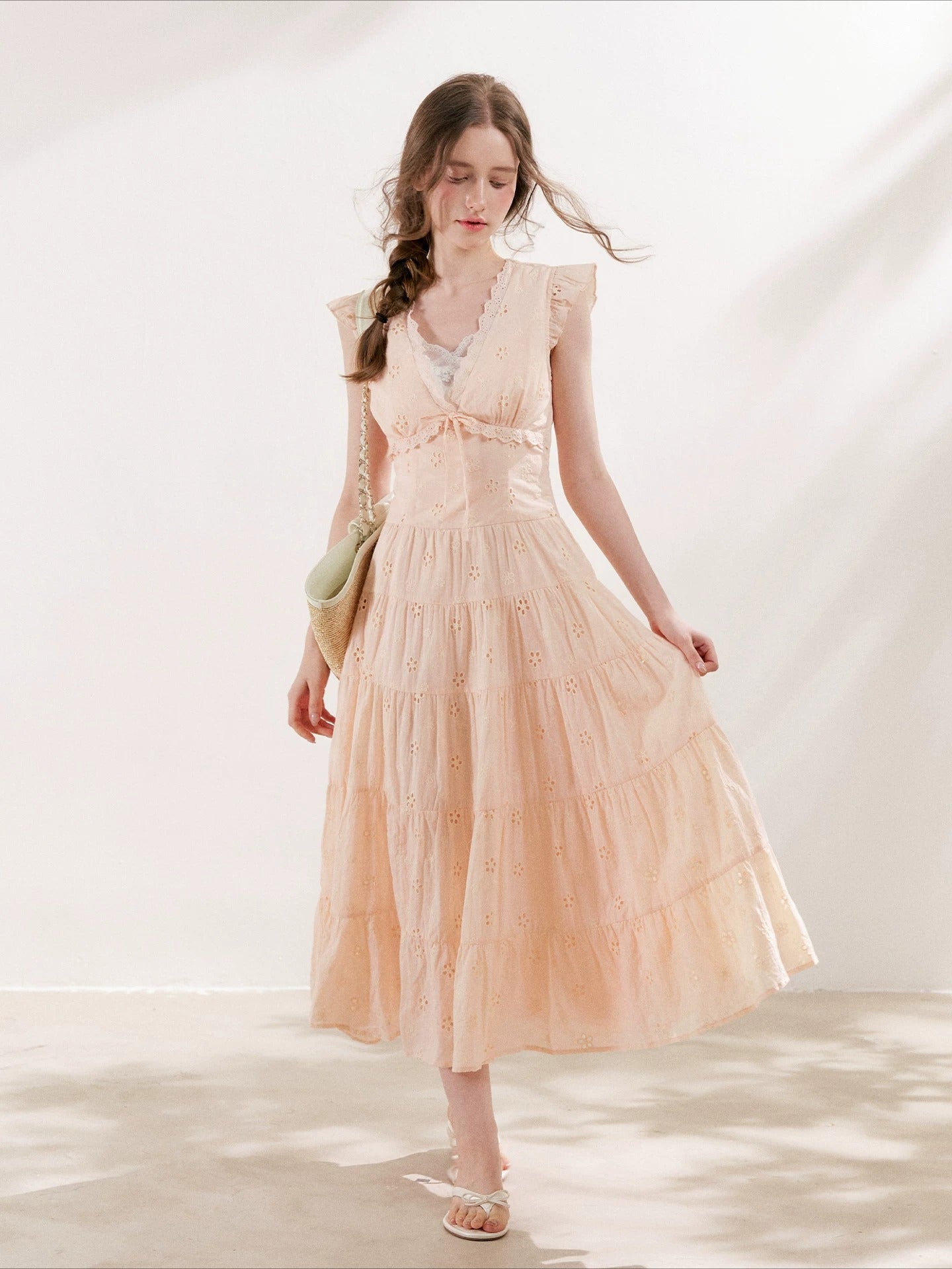 Apricot Orange Eyelet Tiered Dress