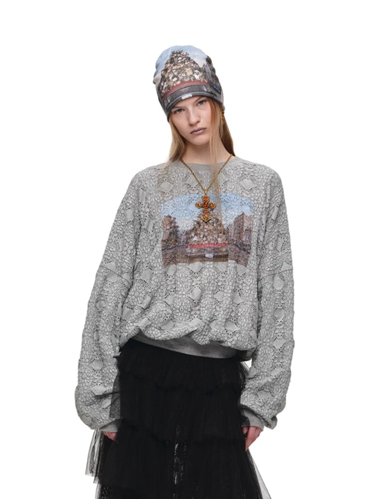 Cat Print Lace Balloon Sweatshirt