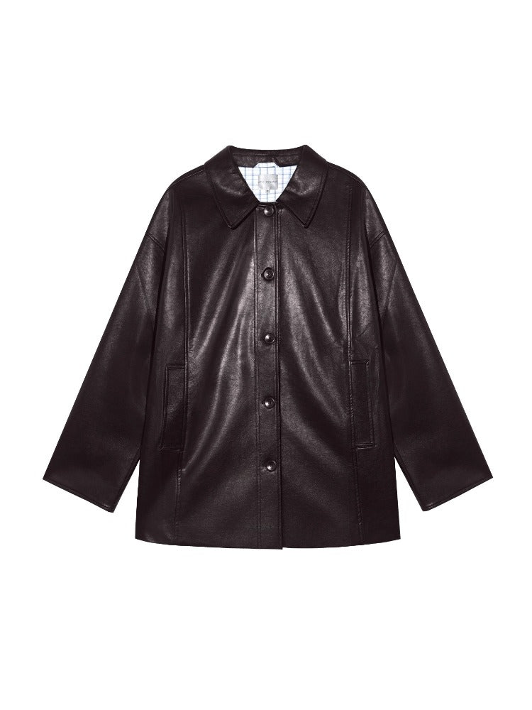 Black H-shaped Cuff Checkered Spliced Leather Jacket