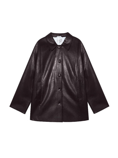 Black H-shaped Cuff Checkered Spliced Leather Jacket