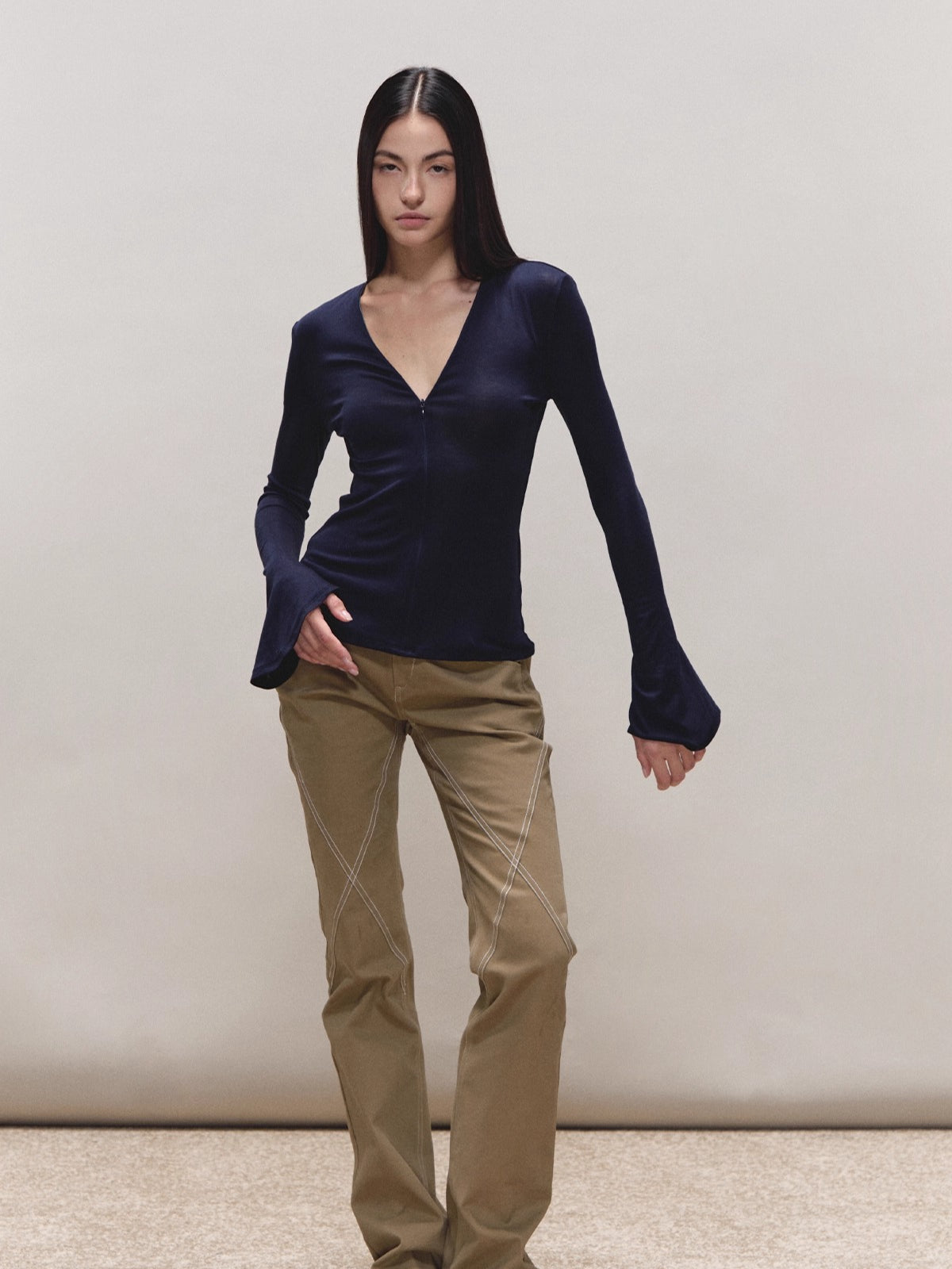 Lyocell Adjustable-Zip Flared-Sleeve Top