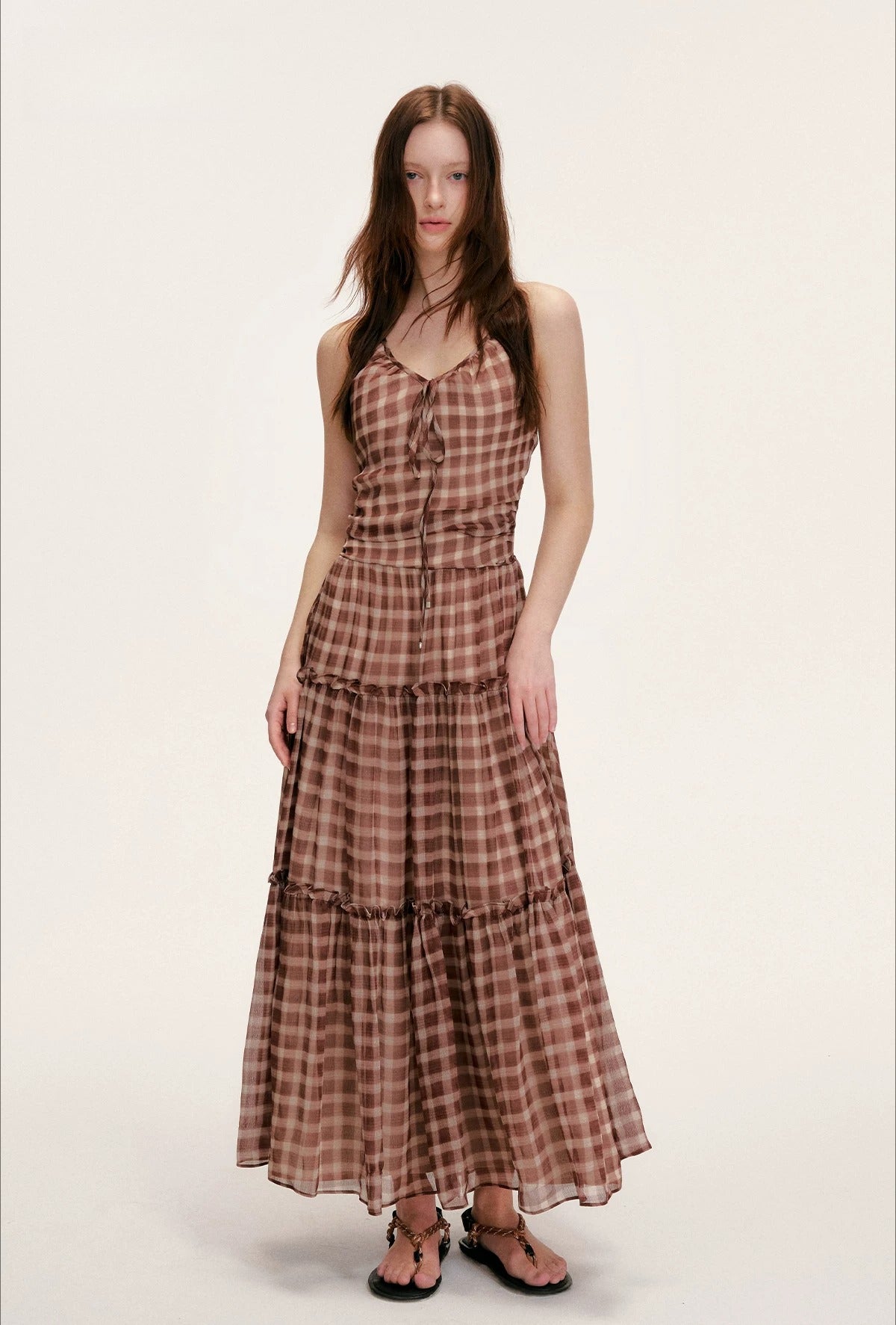 Vintage Brown Plaid Halter Maxi Dress