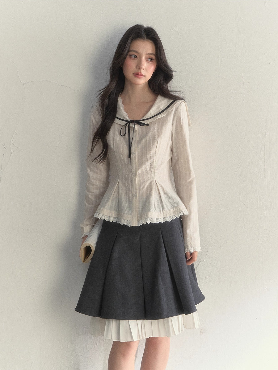 Beige Textured Sailor Collar Shirt &amp; Skirt Set