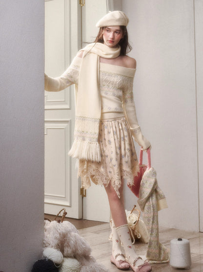 Cosagach Fair Isle Knit Crewneck &amp; Floral Skirt Set