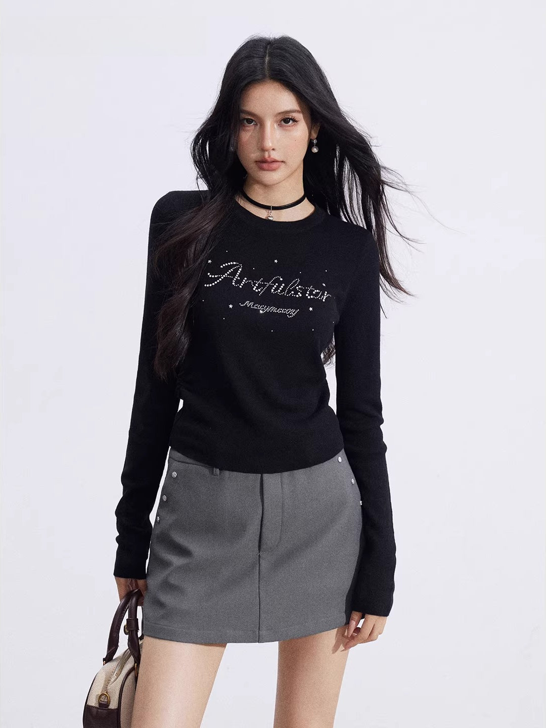 Black &amp; Beige Rhinestone Knit Top