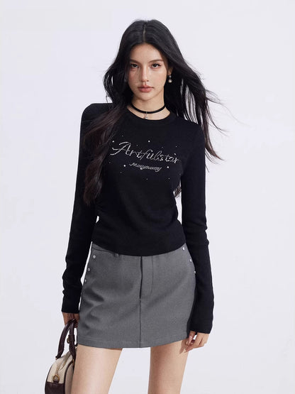 Black &amp; Beige Rhinestone Knit Top