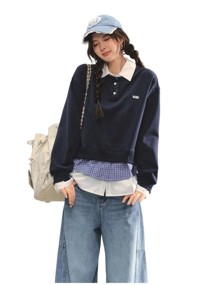 Navy Blue Plaid-Patchwork Polo Sweatshirt