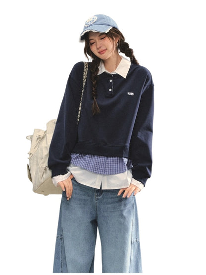 Navy Blue Plaid-Patchwork Polo Sweatshirt