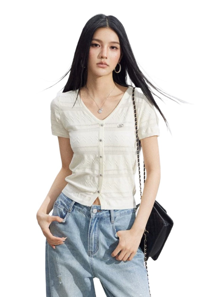 V-Neck Hollow Knit Top