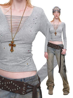 Rhinestone Cutout V-Neck Long Sleeve Top