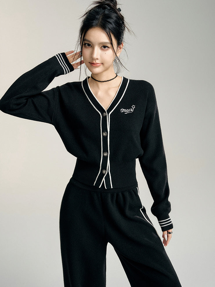 Black &amp; Off-white V-neck Knitted Cardigan Set